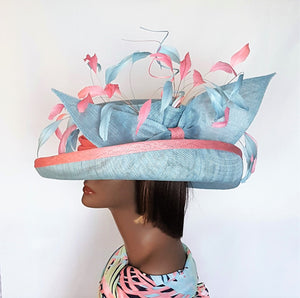 Sinamay Derby Hat with upturn Brim Baby Blue and Pink