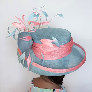 Sinamay Derby Hat with upturn Brim Baby Blue and Pink
