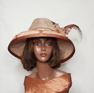 Brown and Beige Sinamay Women's Fedora Wide Brim Hat