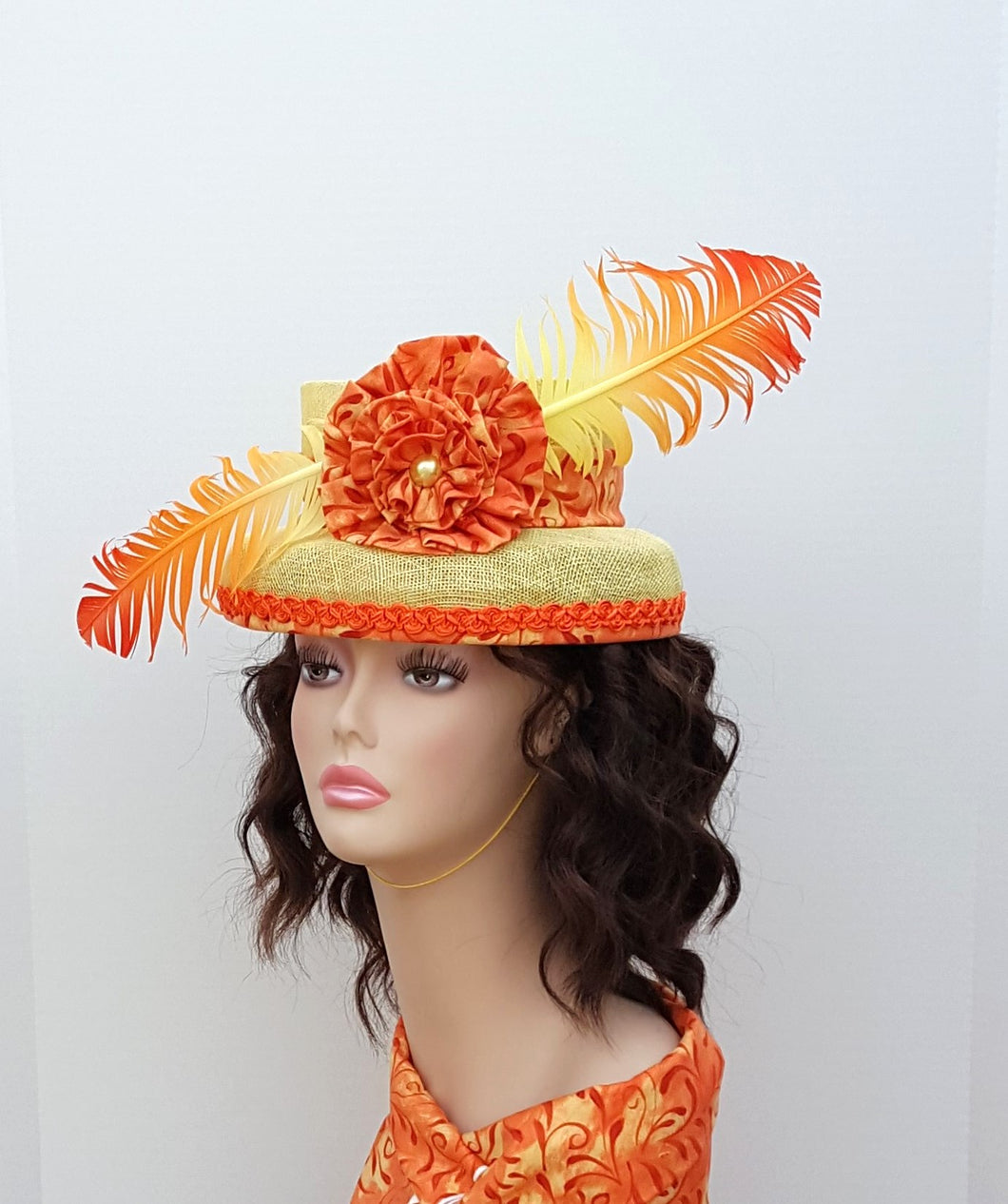 Yellow and Orange Ladies Sinamay Cocktail Hat