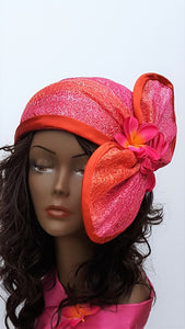 Orange and Fuchsia Head Wrap, Cloche, Crown, spring/summer ladies hat