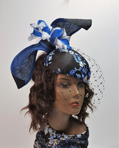 Blue and Black Cocktail Hat With Black Veiling