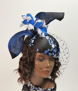 Blue and Black Cocktail Hat With Black Veiling