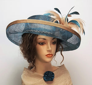 Teal Sinamay Upturn Brim Hat with Beige accent colors