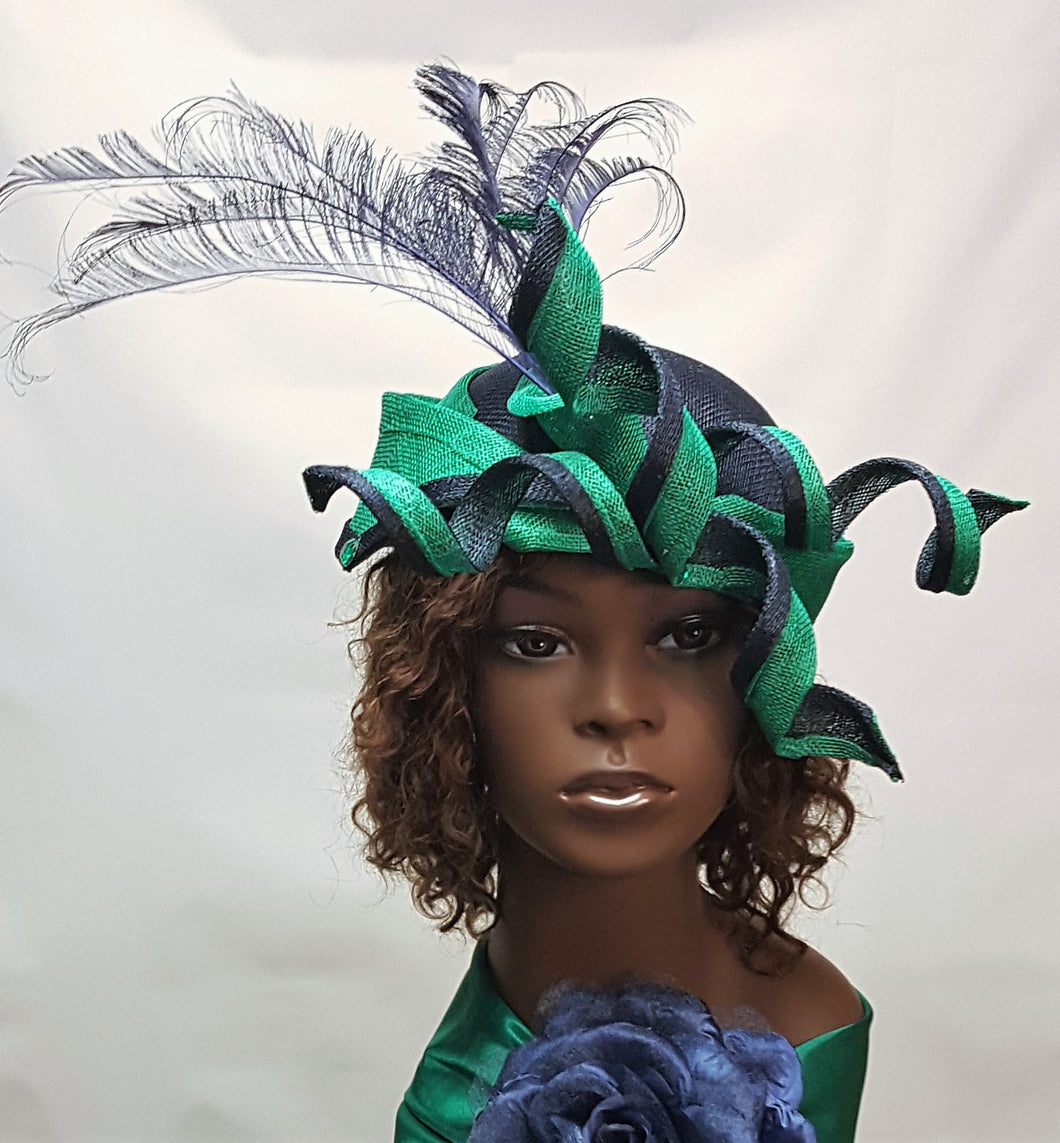 Navy Blue and Green Sinamay Crown HeadPiece