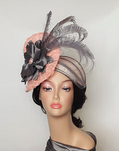Ladies  Sinamay Cocktail Hat in Peach and Gray