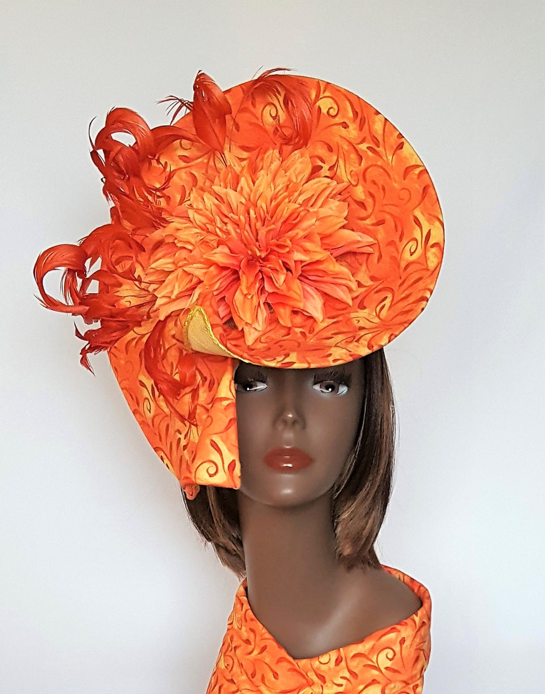 Orange and Yellow Hatinator in Sinamay and Fabric