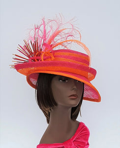 Fuchsia and Orange Sinamay Double Brim Fashion Hat