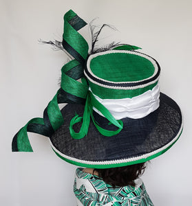 Navy, White and Green Sinamay Derby Style Hat