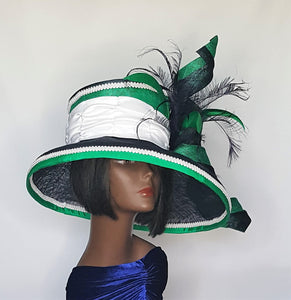 Navy, White and Green Sinamay Derby Style Hat