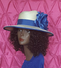 Women's Wide Brim Cream and Royal Blue Parasisal Straw hat.