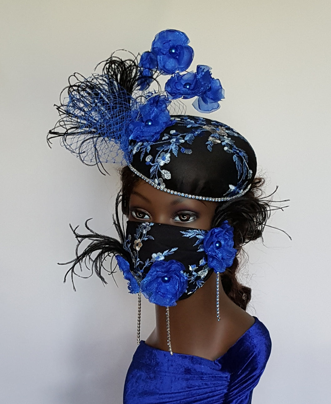 Royal Blue and Black Cocktail Hat with Matching Face Mask