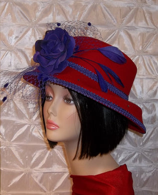 Red 100 % Wool Felt Hat Adorned with Purple Trimming