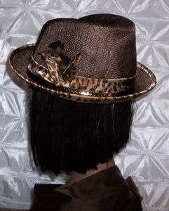 Chocolate Brown Casual Ladies Fedora with Leopard Print Trimming